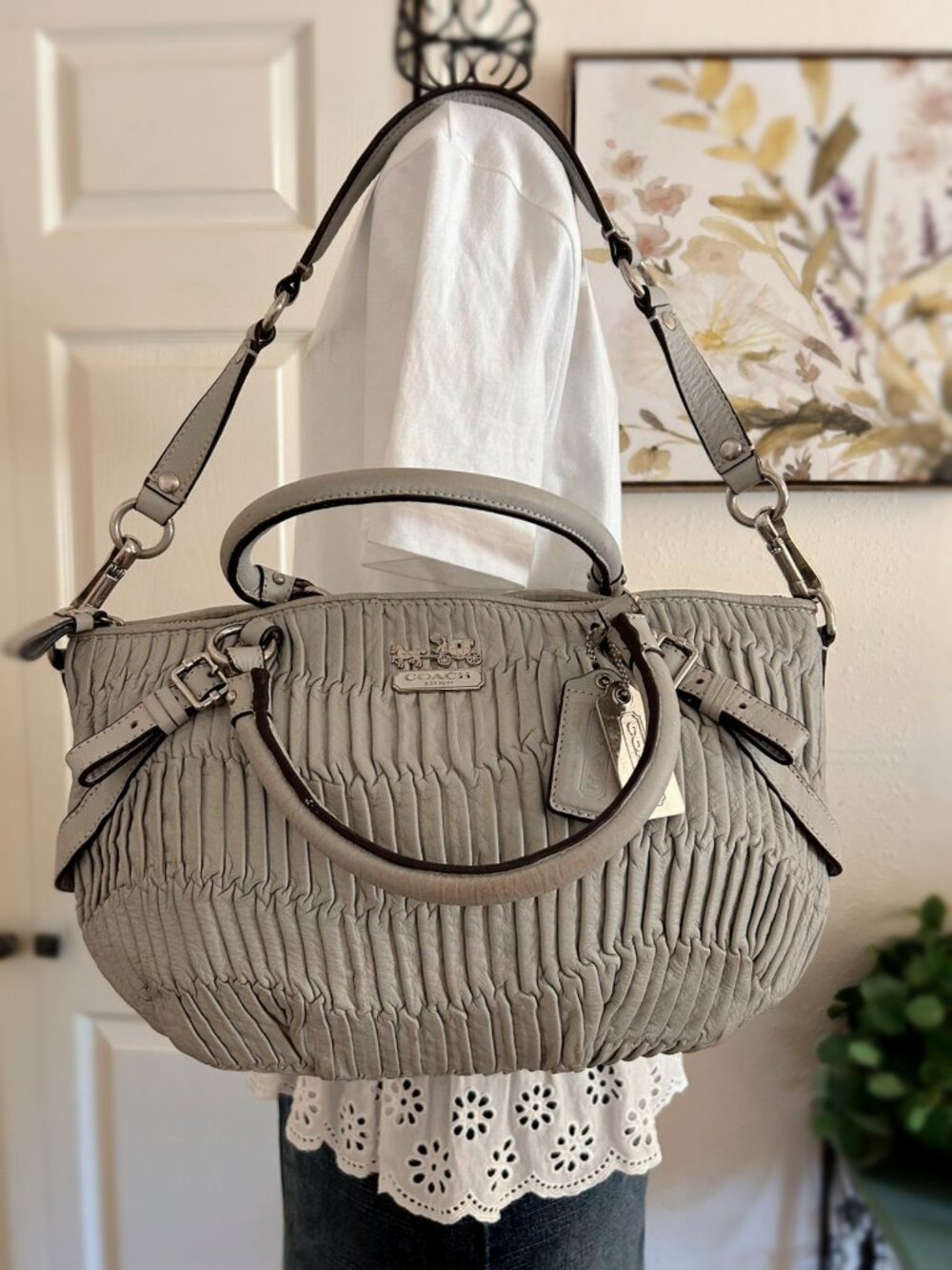 Coach Light Gray Ruched Leather Shoulder Satchel
